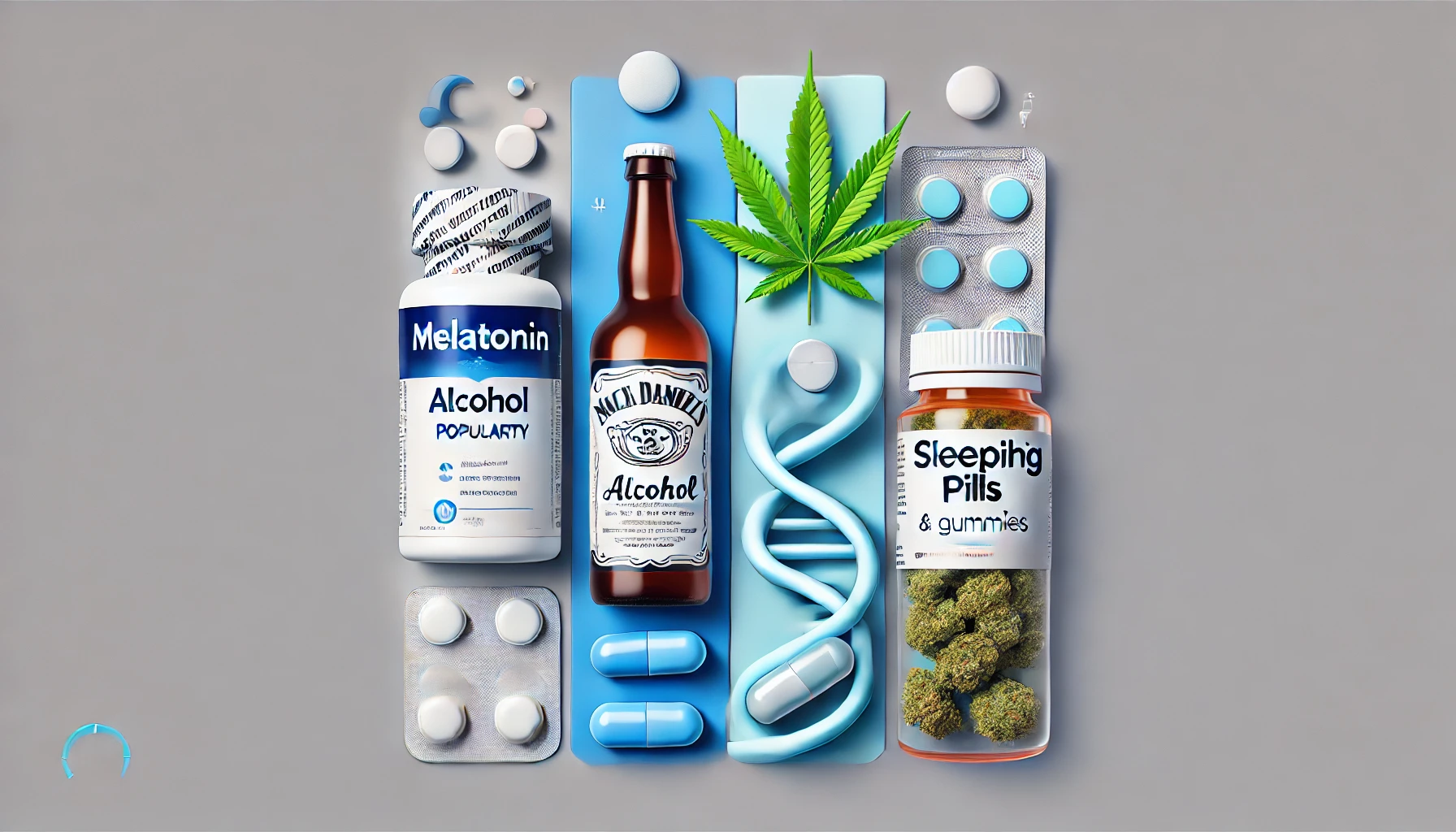 Comparison of sleep aids: melatonin, alcohol, prescription pills, and cannabis, visually represented with bottles, pills, and a cannabis leaf